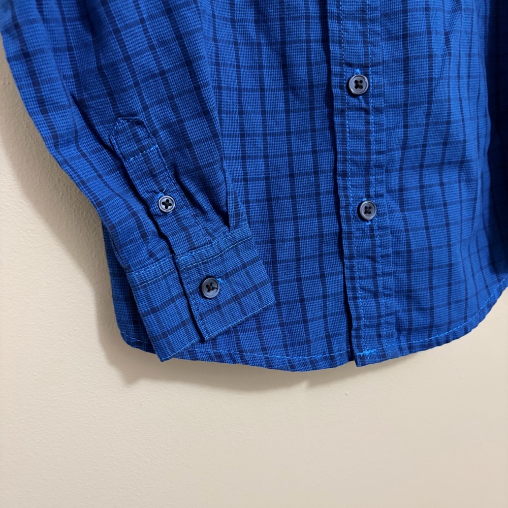 Arizona Jean Company Blue Plaid Kids Long Sleeve Button Down Shirt with Dinosaur - Picture 4 of 5